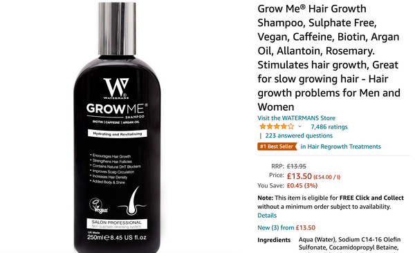 Watermans Grow me Best Hair Growth Shampoo  with Caffeine, Biotin, Argan Oil, Allantoin, Rosemary. Stimulates Hair Growth, Helps Stop Hair Loss, Grow Hair Fast, Hair Loss Treatment for Men & Women - BeautyWholesaleIn